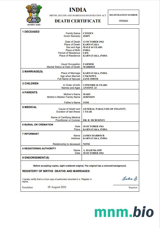 India śmierć certyfikat Word i PDF szablon